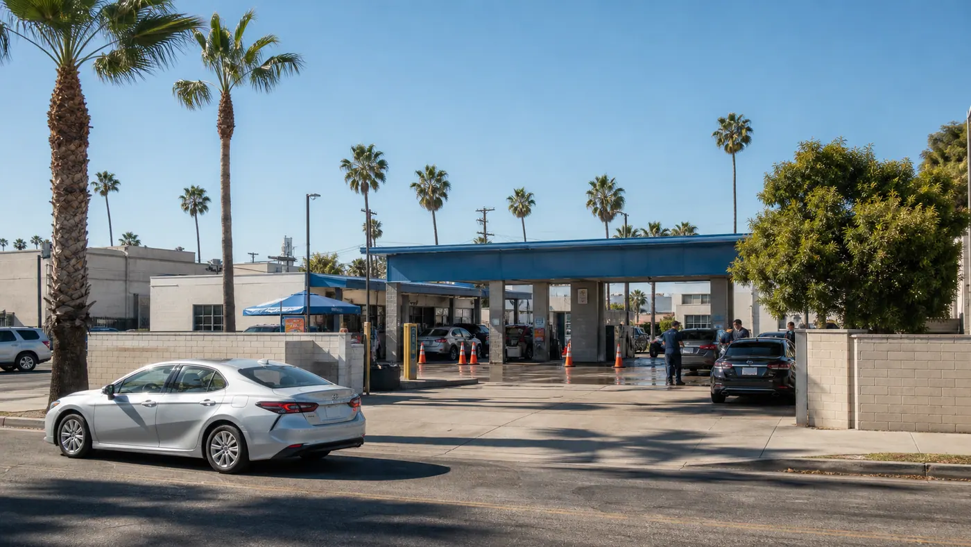 Sunny local car wash exterior and driveway scene without readable signage.