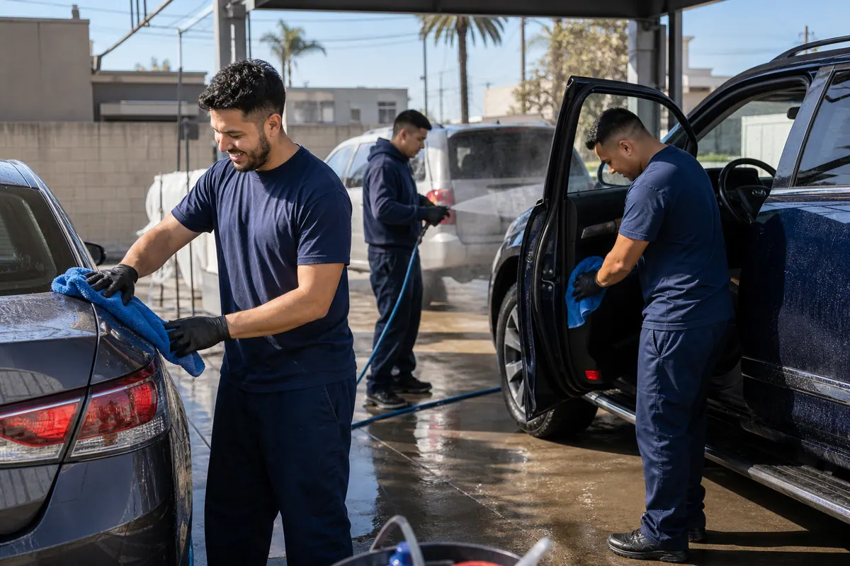 Crew members working naturally around cars in a local wash bay.