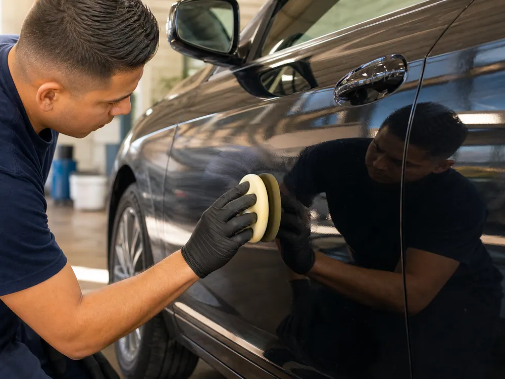 Clay-bar polish on a freshly detailed car hood at Redondo Car Wash.