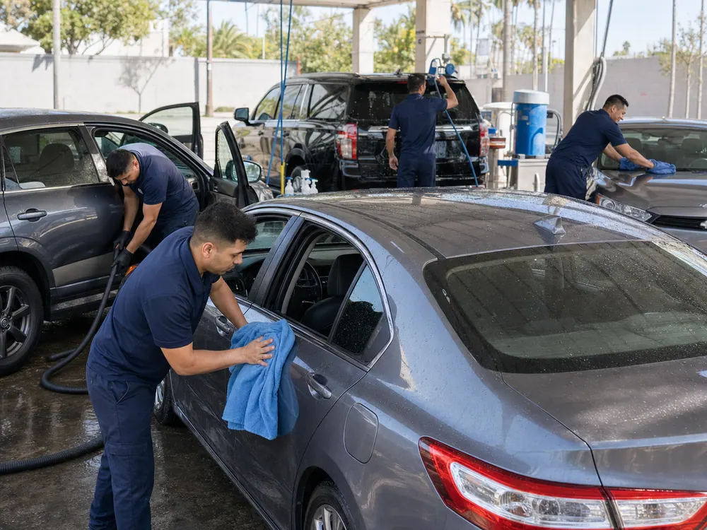 Crew members cleaning and drying cars in a local wash bay.
