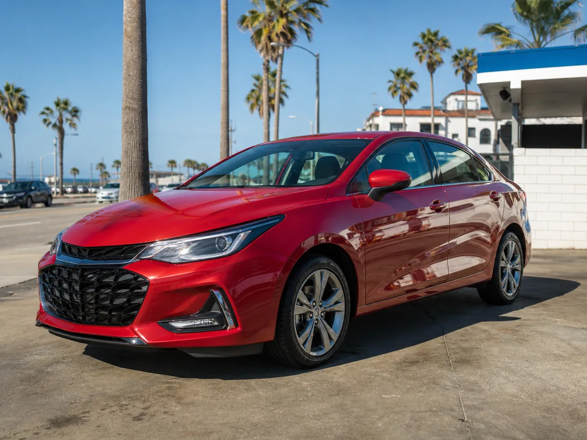Dry, freshly hand-dried red car parked in Southern California sunlight.