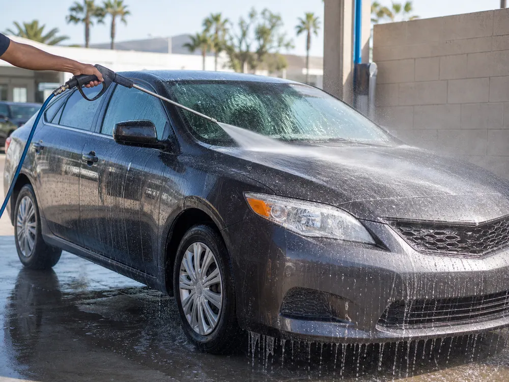 Car under an exterior rinse spray in a local wash bay.
