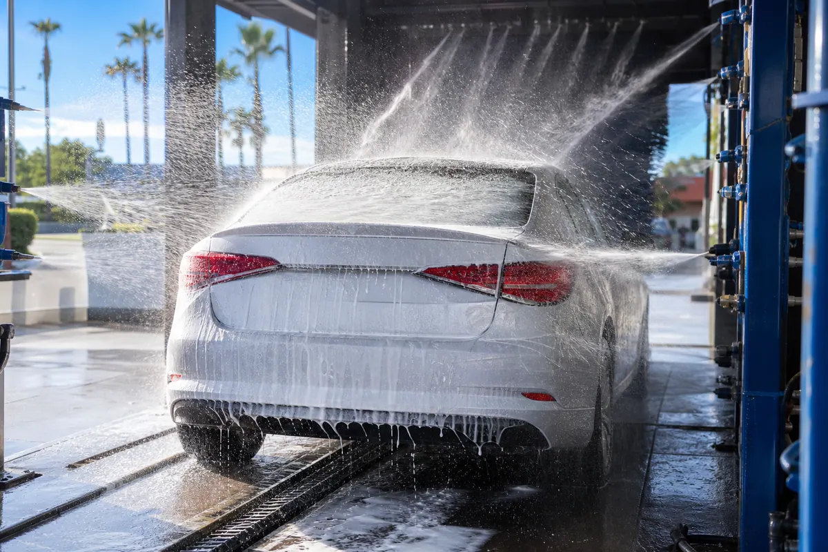 Car moving through a bright exterior wash rinse with water spraying over the rear glass.