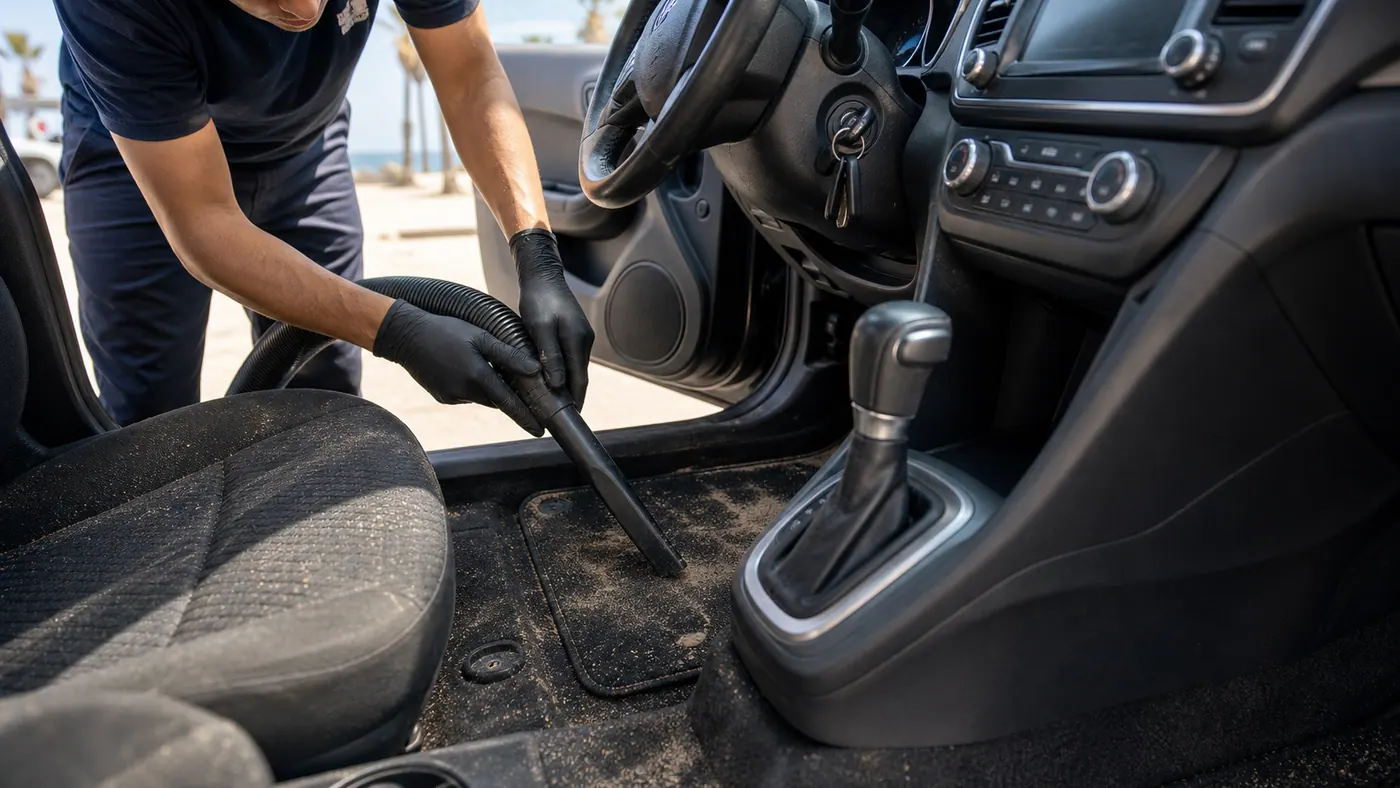 Sandy beach-car interior being vacuumed at a sunny local car wash.