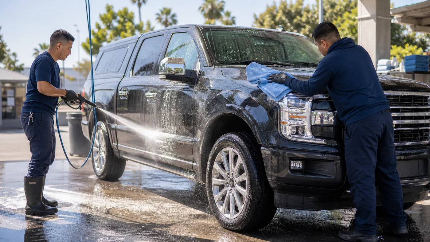 Large SUV being cleaned at a sunny local car wash bay.