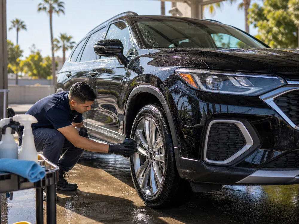 Glossy SUV receiving final tire and detail work after a premium wash.